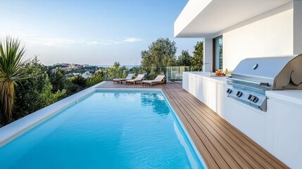Fototapeta premium Modern rooftop kitchen with a poolside deck and stylish built-in grill setup