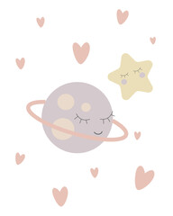 Vector cute children card with little planet and star with hearts. Vector illustration of cute little space.