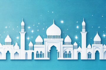 Fototapeta premium Elegant Paper Cut Silhouette of a Magical Cityscape on Blue Background