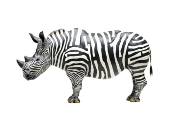 Unique rhino painted in zebra stripes standing proudly in a surreal creative display, showcasing striking black and white patterns against a simple backdrop