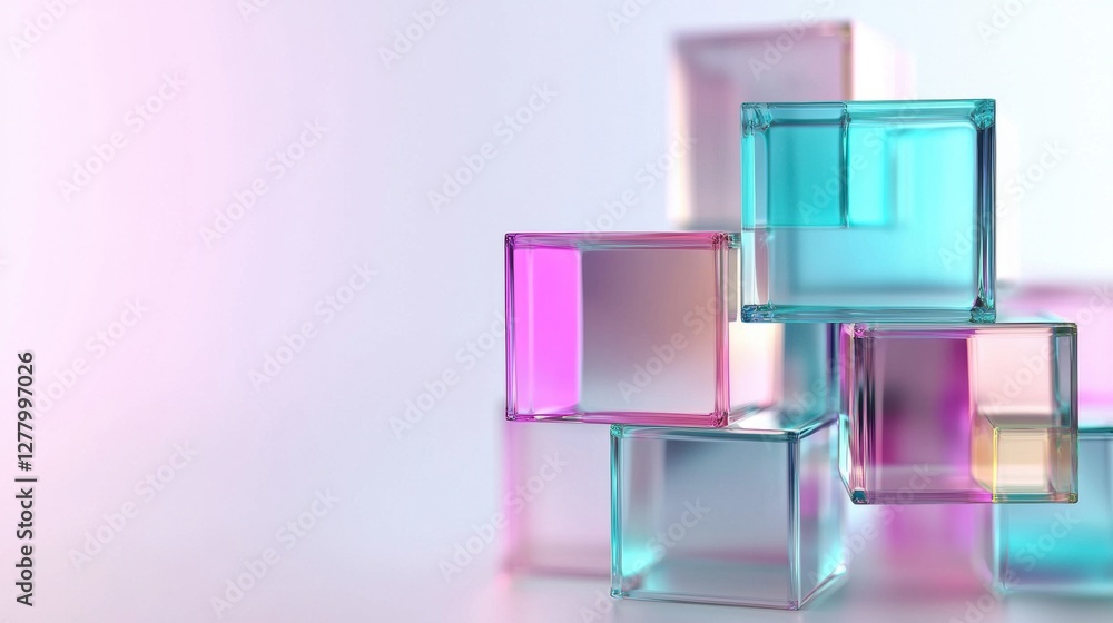 Poster mesmerizing abstract geometric glass cubes reflecting and refracting vibrant colors in a minimalist 