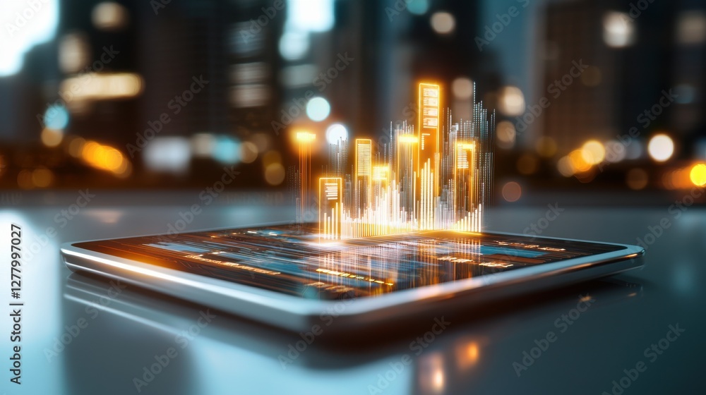 Poster futuristic digital dashboard with interactive data visualization on tablet device