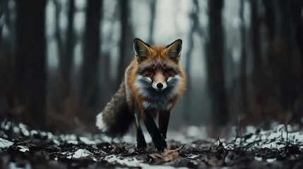 Red fox walking winter forest path, snowy background