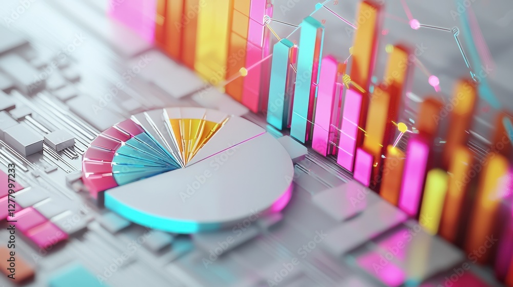 Poster colorful abstract data visualization chart and graph on digital screen in modern office workspace