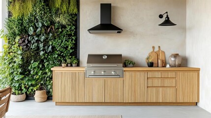 Organic-themed outdoor kitchen with a living wall and sustainable bamboo cabinetry