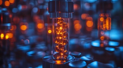 Scientific Discovery in a Vial: A captivating close-up of a vial containing illuminated spheres, symbolizing cutting-edge science and breakthrough discoveries.