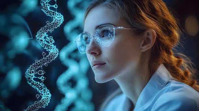 Scientist at Work: A focused female scientist in a lab coat and glasses examines a glowing DNA strand, representing the cutting edge of scientific research and discovery. - Powered by Adobe