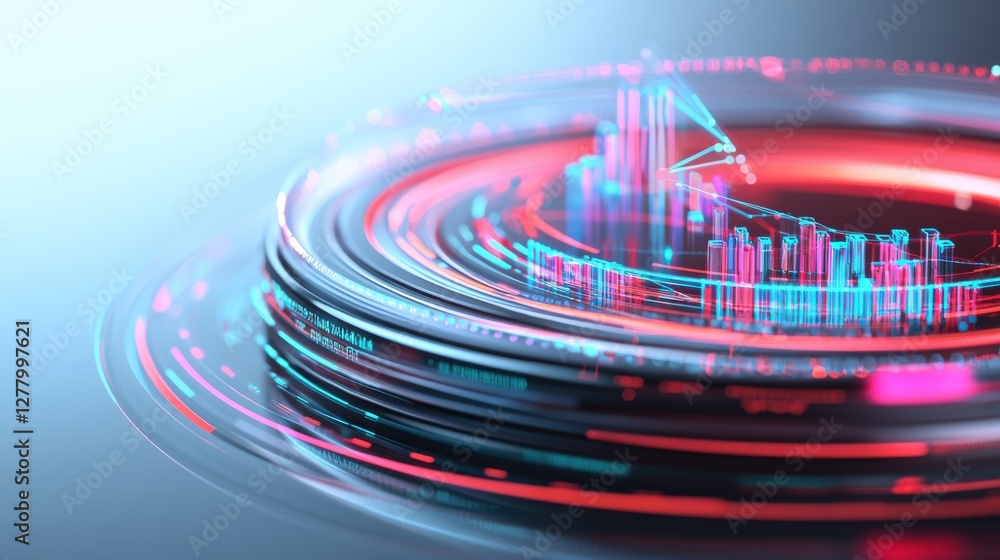 Poster futuristic digital data visualization with vibrant neon lights and dynamic patterns