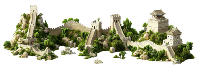 Realistic concept mockup of a scenic representation of the Great Wall of China showcasing its architectural features amidst greenery and rocks