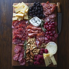 Stunning Charcuterie Board Arrangement: A Top-Down View of Cheeses, Cured Meats, and Fresh Fruits on Rustic Wood