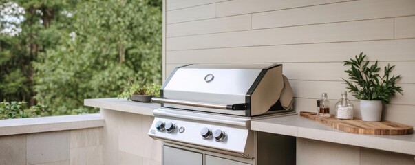 Outdoor barbecue area with a stainless steel gas grill and spacious prep station
