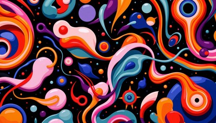 Fototapeta premium Vibrant Abstract Pattern with Colorful Swirls and Circles on a Black Background