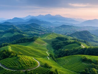 Fototapeta premium Scenic Aerial View of Rolling Green Hills in Picturesque Countryside at Dusk