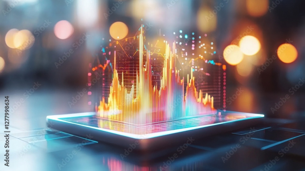 Poster dynamic digital infographic with colorful glowing data visualization on touchscreen device