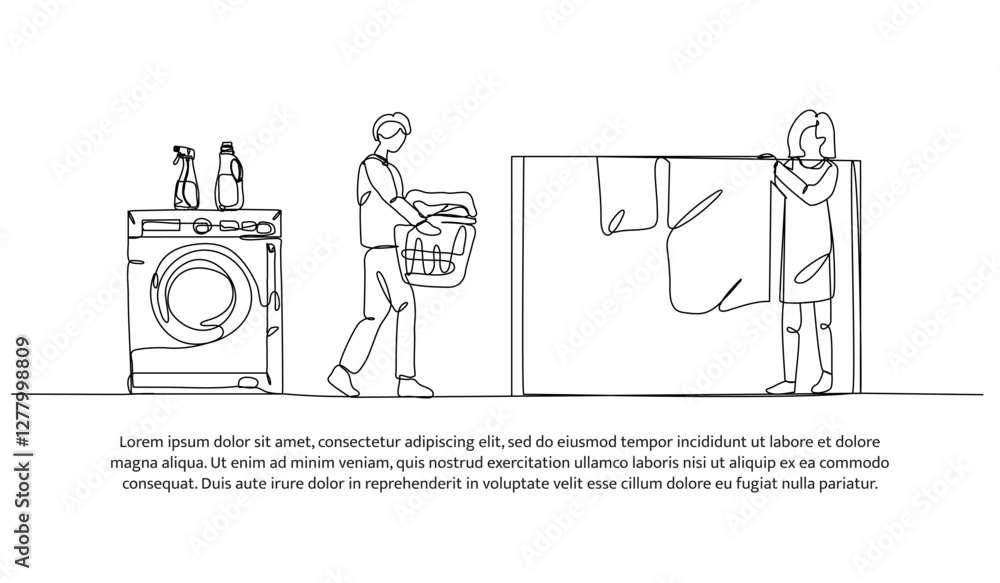 Poster continuous one line design of laundry activity working. minimalist style vector illustration on whit