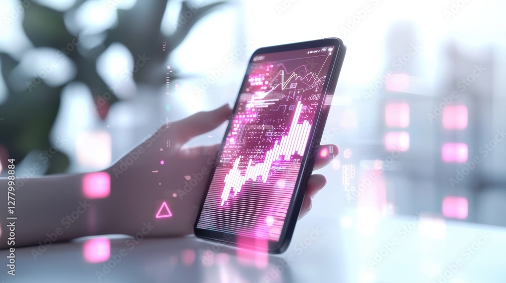 Poster futuristic smartphone interface with holographic data analytics and market visualization