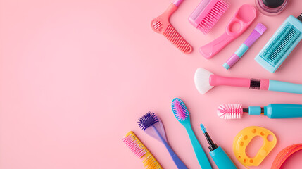 Children s plastic toys cosmetics Barber set on pink background ai generative