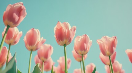 Vibrant pink tulips blooming against clear blue sky in sunlight