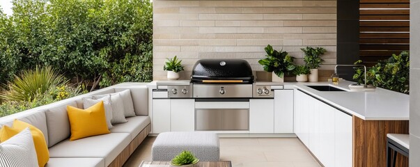 Outdoor kitchen with a rotisserie grill and modern seating, perfect for entertaining