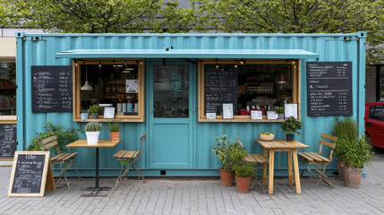 vibrant food stall made from shipping container, featuring welcoming entrance, outdoor seating, and menu displayed on chalkboards