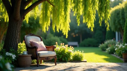 Serene Garden Patio Chair Scene  Relaxing under weeping willow, enjoying peaceful morning