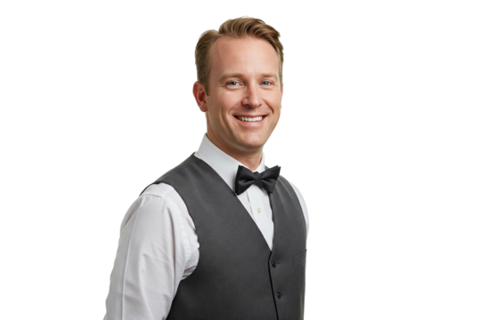 Smiling waiter worker, transparent PNG, isolated, cut-out