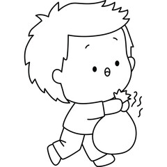 a vector of a boy throwing out trash in black and white coloring
