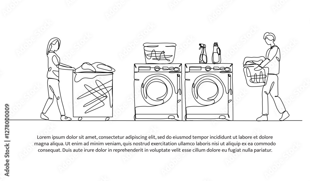 Poster continuous one line design of laundry activity working. minimalist style vector illustration on whit