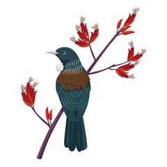 A Tui Bird Perched on a Stem of Blooming Flax