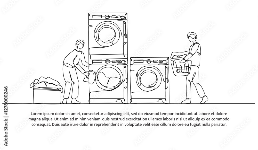 Poster continuous one line design of laundry activity working. minimalist style vector illustration on whit