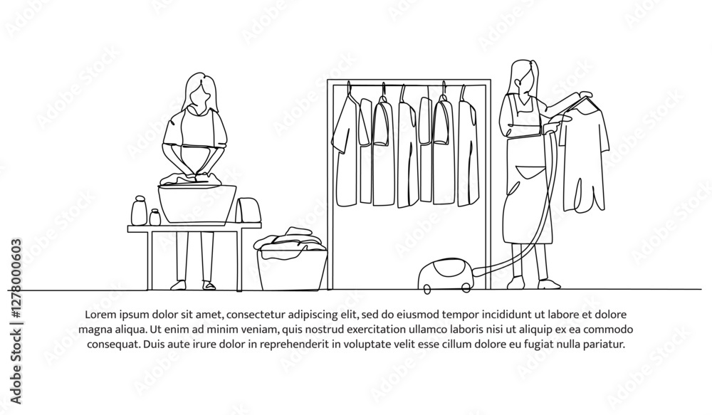 Poster continuous one line design of laundry activity working. minimalist style vector illustration on whit