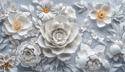 White paper flowers, floral arrangement, textured background, wall art