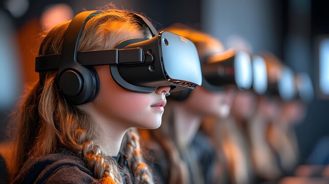 Immersed in the Metaverse: A young girl, completely engrossed, experiences the future of entertainment as she explores a virtual reality headset, surrounded by a blurred line of fellow enthusiasts.