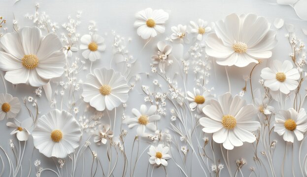 White paper flowers wall art, minimalist design, grey background, home decor