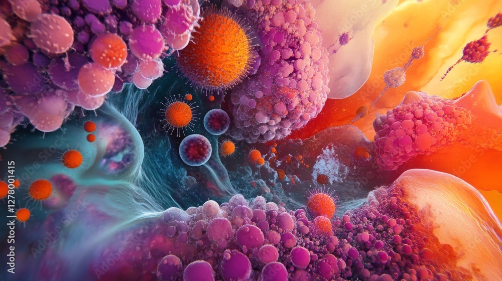 Poster microscopic view of biological cells under a microscope, abstract science background with glowing pa