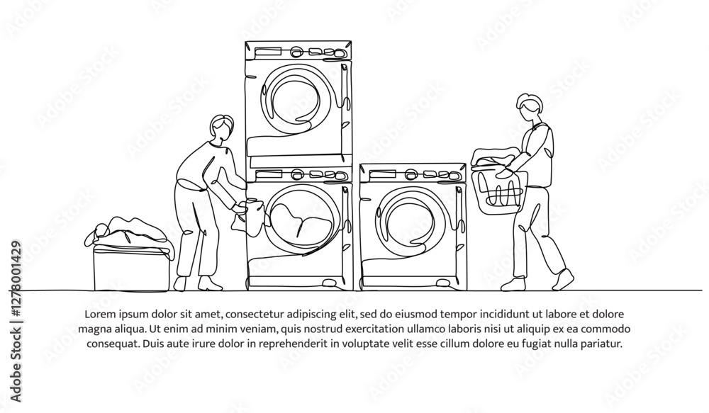 Poster continuous one line design of laundry activity working. minimalist style vector illustration on whit