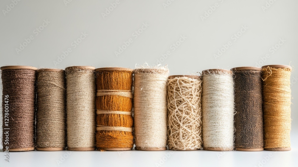 Poster assorted natural twine spools displayed in a row against neutral background