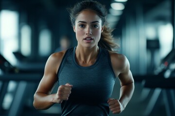Fototapeta premium Focused young caucasian female running in modern gym environment