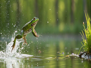 Obraz premium Generative AI illustration of frog in the pond. .green frog leaps gracefully into a calm pond.