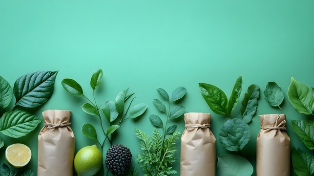 Eco-Friendly Elixir: Eco-friendly bottled drinks and fresh leaves, arranged artfully, suggesting healthy, sustainable choices.
