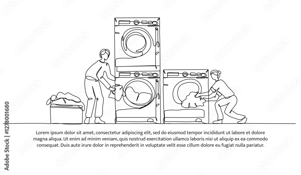 Poster continuous one line design of laundry activity working. minimalist style vector illustration on whit