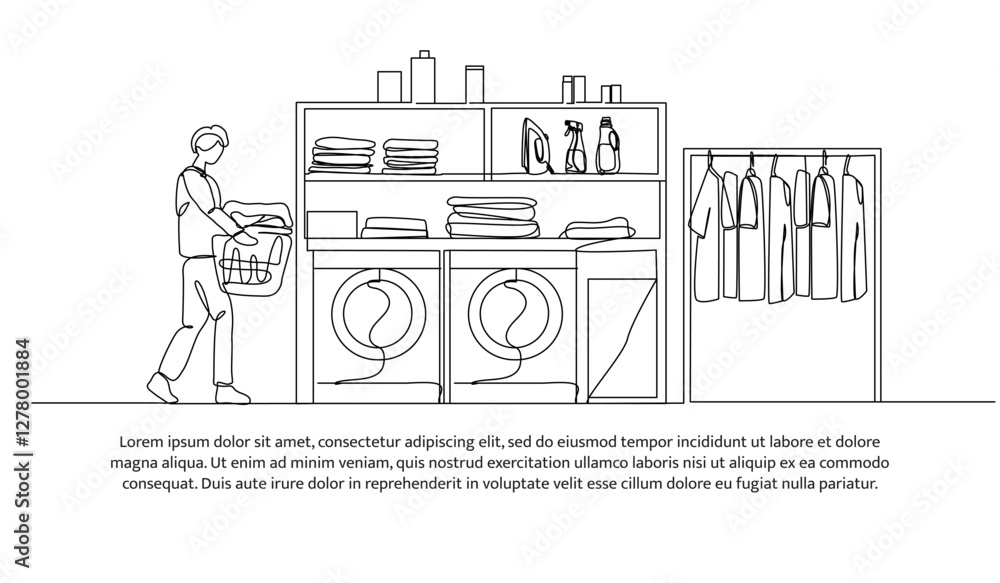 Poster continuous one line design of laundry activity working. minimalist style vector illustration on whit