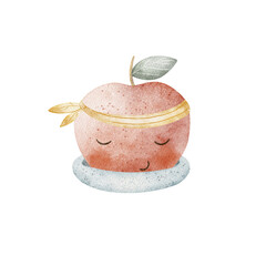 Watercolor illustration apple red floats on an inflatable circle. Hand drawn cartoon characters with cute eyes composition for design of children's cards, posters, invitations, tableware, clothes