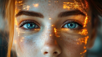 Gaze of Tomorrow: A close-up of a woman's captivating blue eyes, enhanced with futuristic digital overlay, conveying a sense of technological integration and the future of humanity.