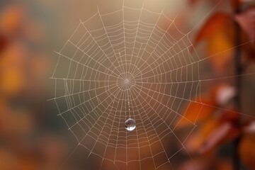 Fototapeta premium Stunning Vibrant Spiderweb Adorned with Glistening Dewdrops Sparkling in Soft Natural Light