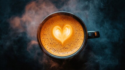 Warmth and Love in a Steaming Coffee Mug with Heart-Shaped Latte Art