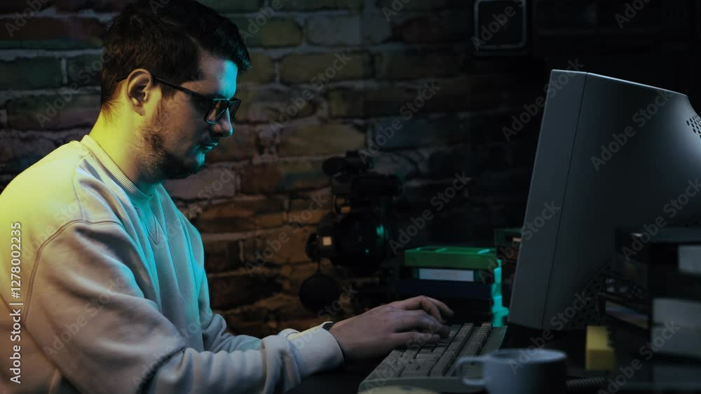 Aufkleber man working on desktop computer from 1990's surrounded with vhs video cassette tapes