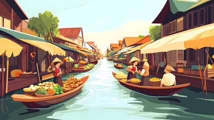 Obraz premium Colorful market scene, vibrant boats floating on a serene canal, bustling atmosphere, perfect for travel themed projects.