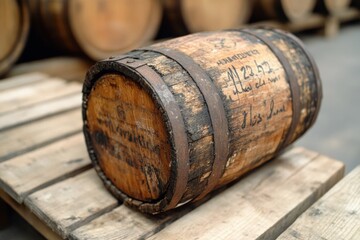 Close up of aged oak whisky cask in rustic distillery setting