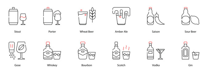 Vector Icons Set - Stout, Porter, Whiskey, Bourbon, Scotch, Vodka, Gin